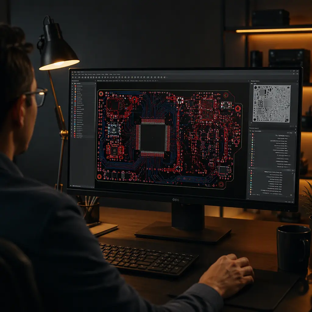 Engineer reviewing a PCB layout on a large monitor with a Gerber view and DFM analysis overlays visible on screen