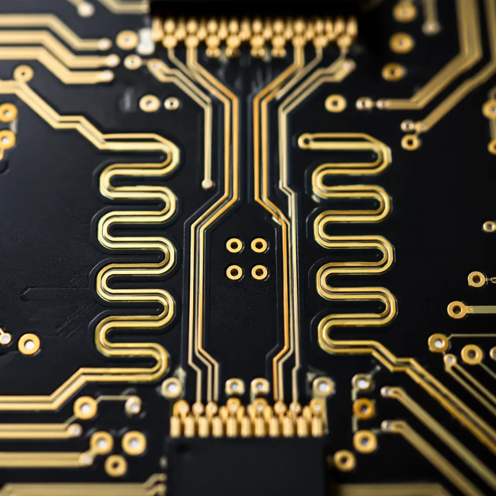 Close-up macro photograph of differential pair PCB traces with length-matched serpentine routing on a high-density board