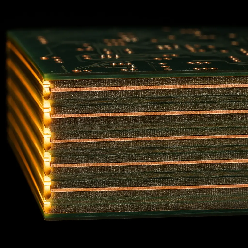 Cross-section render of a multi-layer PCB showing signal layers between reference planes with controlled dielectric thickness