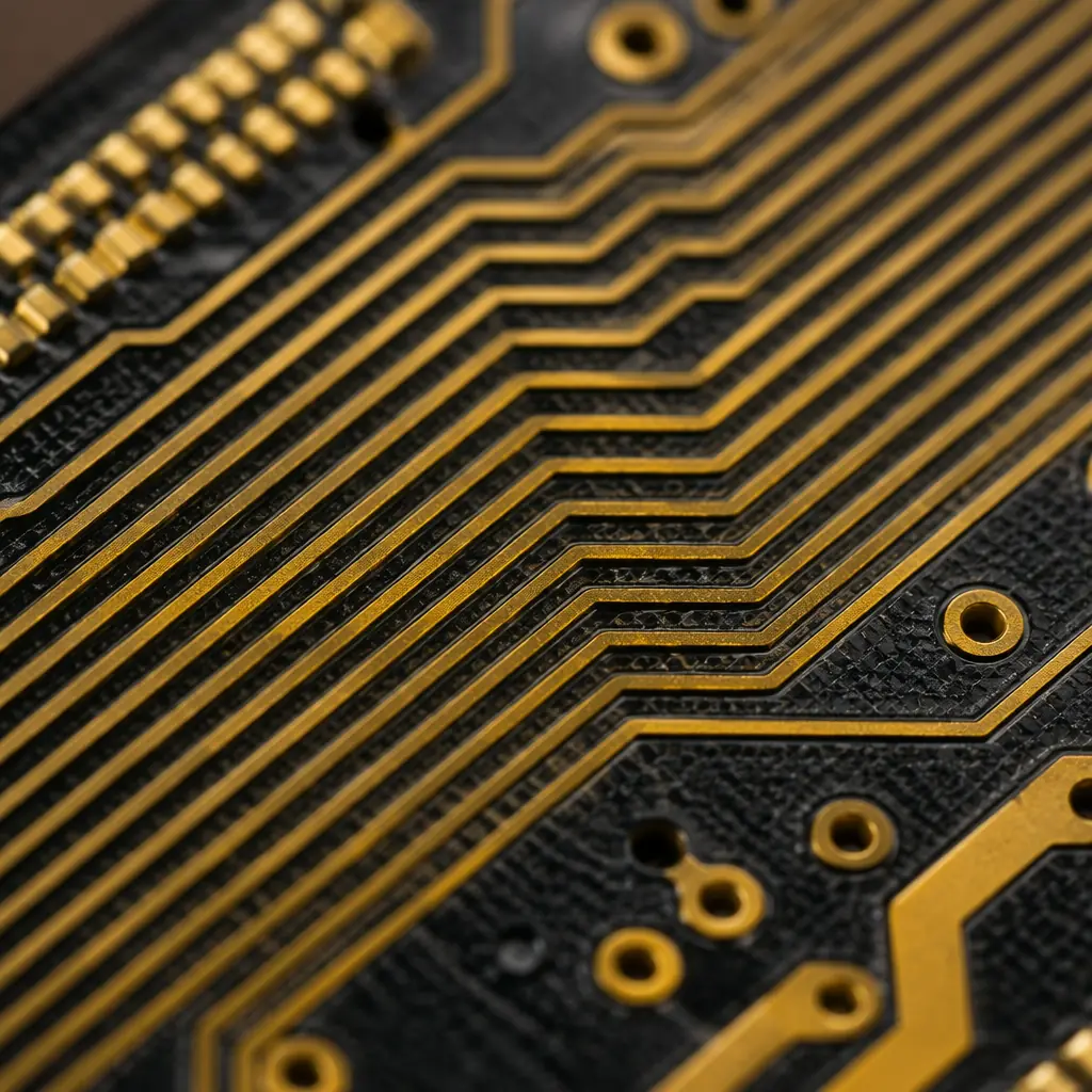 Macro photograph of high-speed PCB traces on a multi-layer board with differential pairs and controlled impedance routing