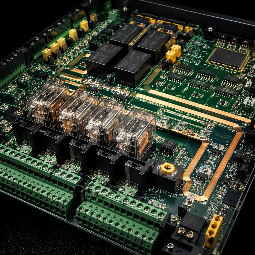 Distribution automation controller PCB with high-voltage relays and isolation
