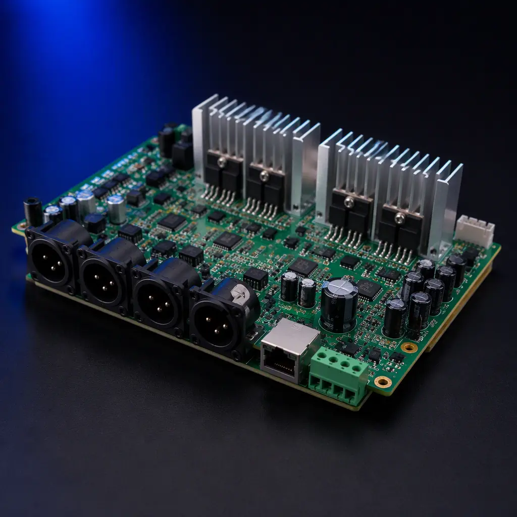 Architectural lighting control PCB with DMX512 connectors, LED driver MOSFETs, and aluminum substrate for thermal management