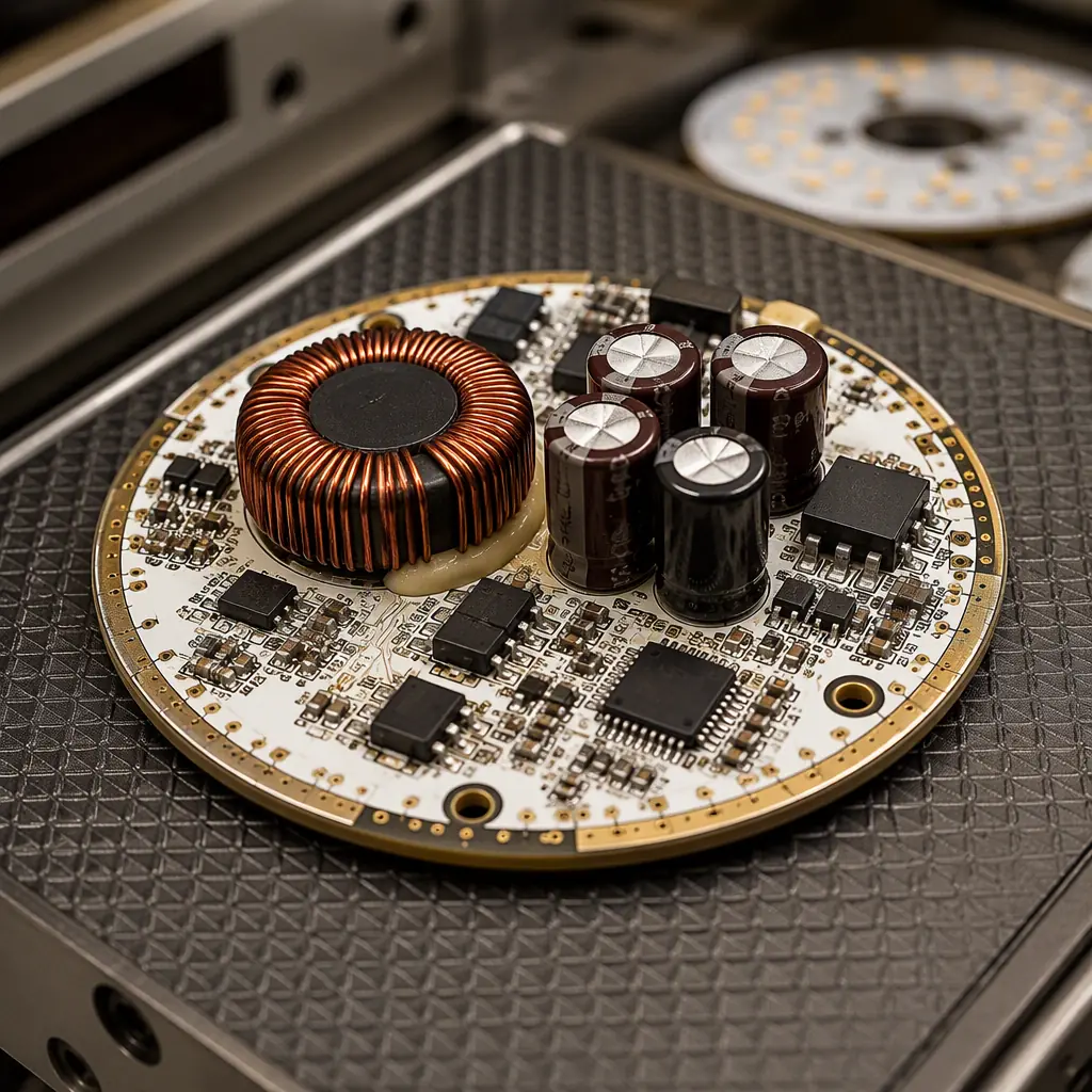 Round LED driver PCB with surface-mount components, toroidal inductor, and aluminum heat sink plate on production line