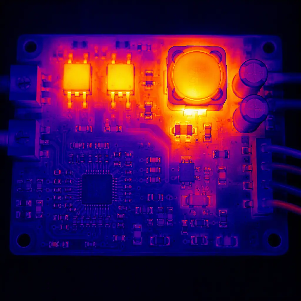 Thermal camera image of LED driver PCB showing heat distribution across MOSFETs and inductor during full-load operation