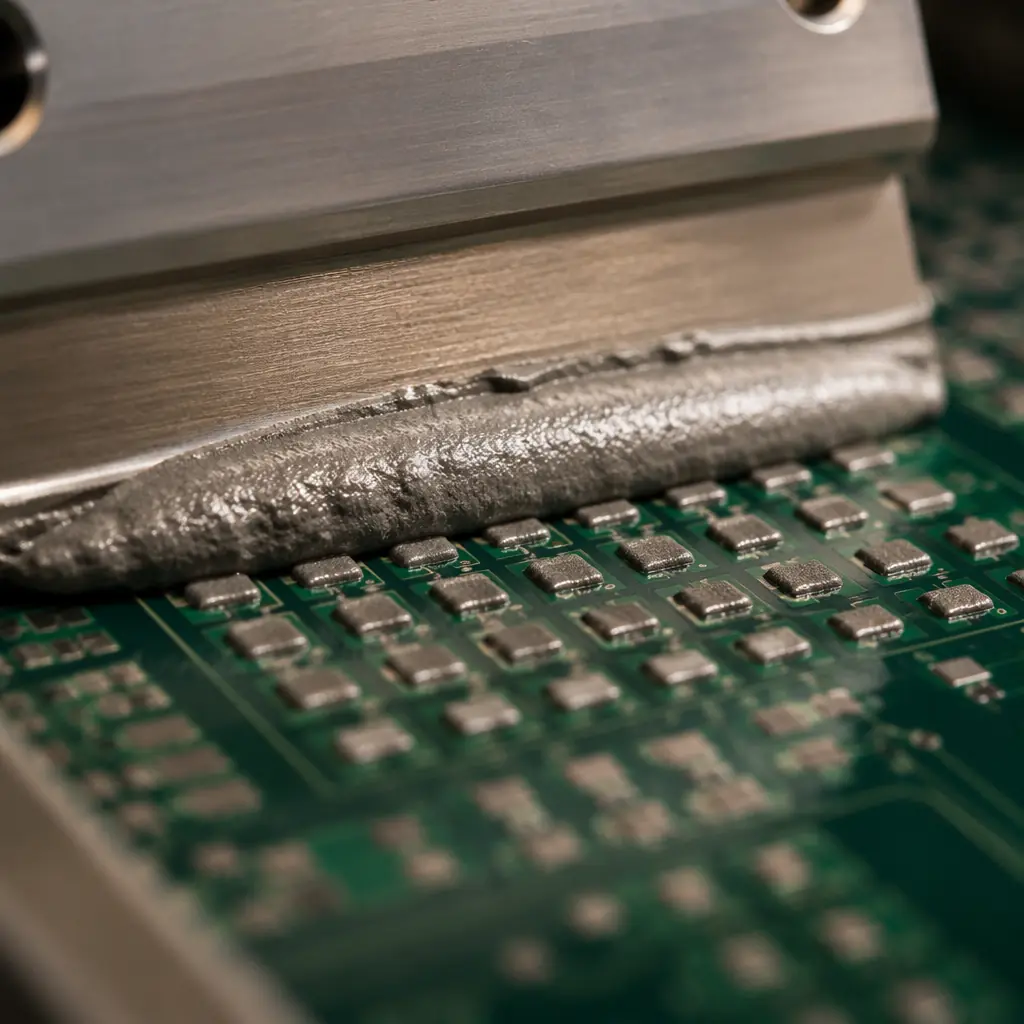 Close-up macro photo of laser-cut SMT stencil foil with precisely machined apertures over PCB pad pattern, industrial lighting