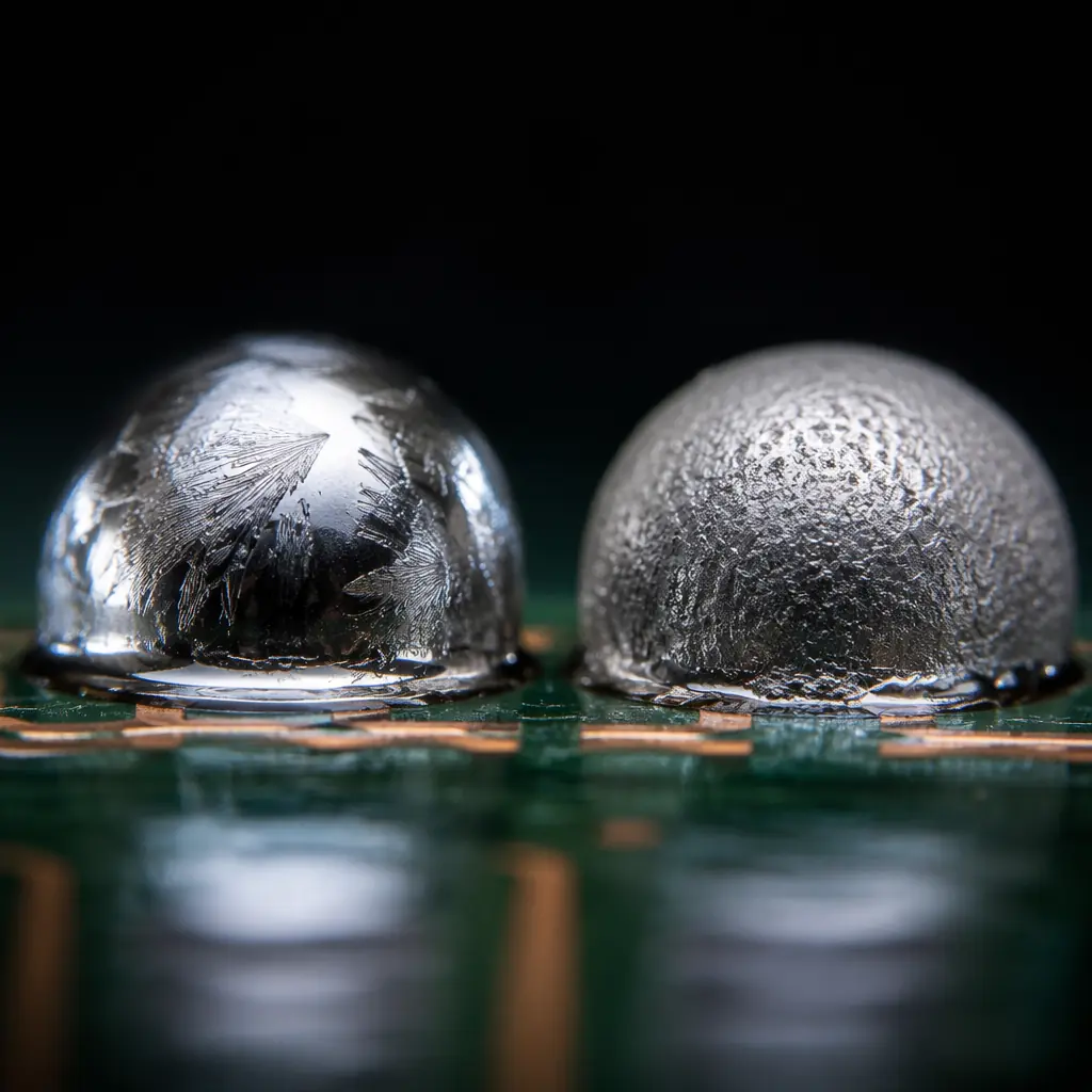 Macro photograph of two PCB pads side by side: one with bright silver SAC305 solder joint finish, one with matte grey SnPb solder joint showing different grain structure under studio lighting