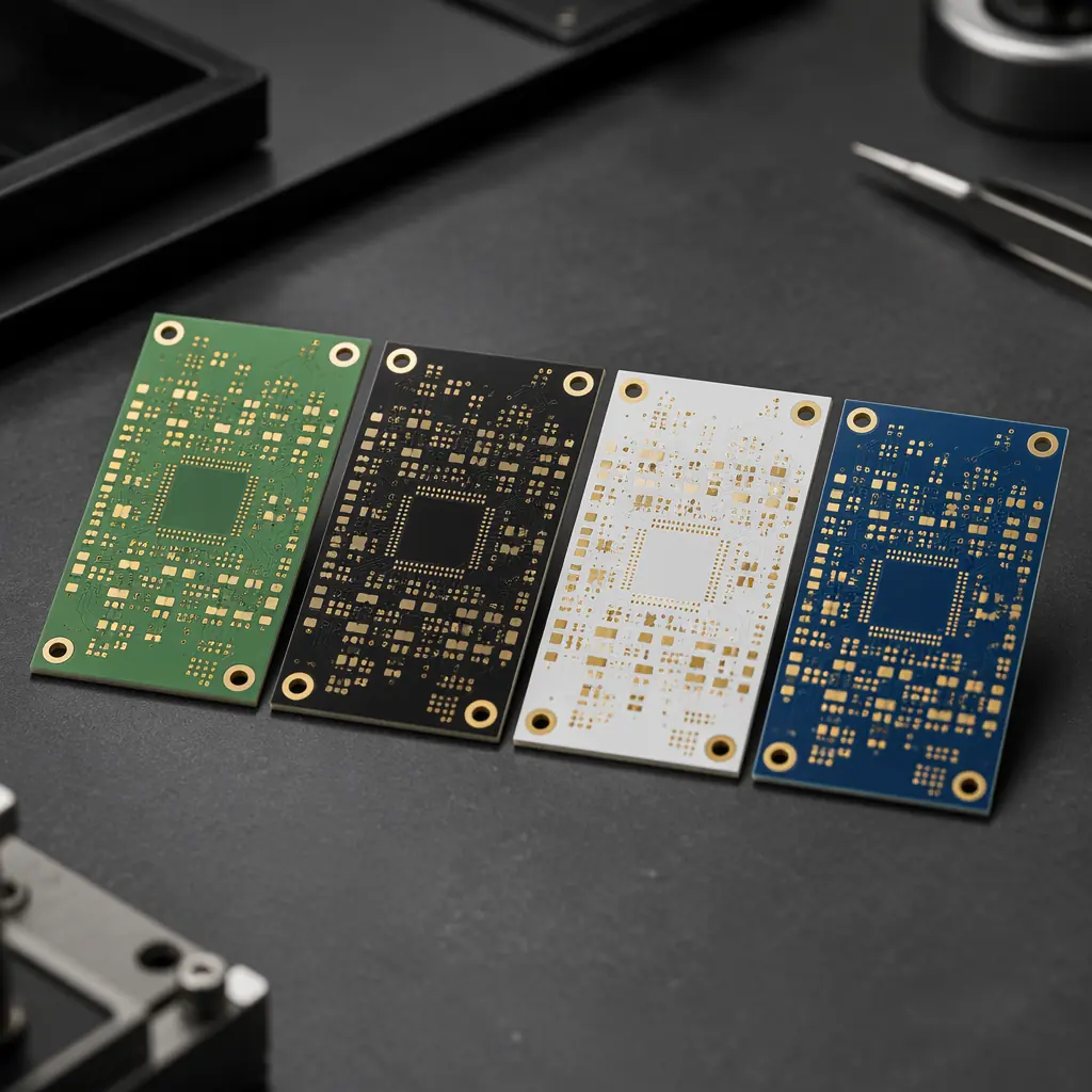 Four PCB samples side by side showing different solder mask colors — matte green, glossy black, white, and blue — with exposed gold pads on a dark antistatic work surface under studio lighting