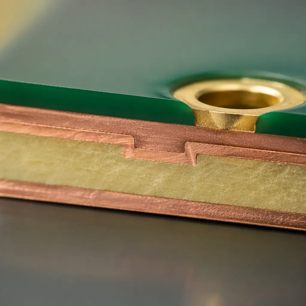 Macro close-up of a PCB surface showing glossy green LPI solder mask coating with exposed gold ENIG pads and fine-pitch traces visible beneath the mask layer