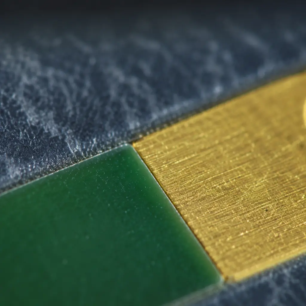 Close-up macro photograph of a PCB under microscope inspection at 20x magnification, showing solder mask edge quality at the pad-to-mask interface with clean registration and no encroachment