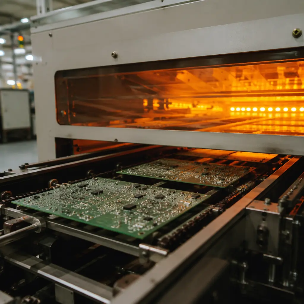 PCB assemblies entering reflow oven with visible solder paste deposits before melting