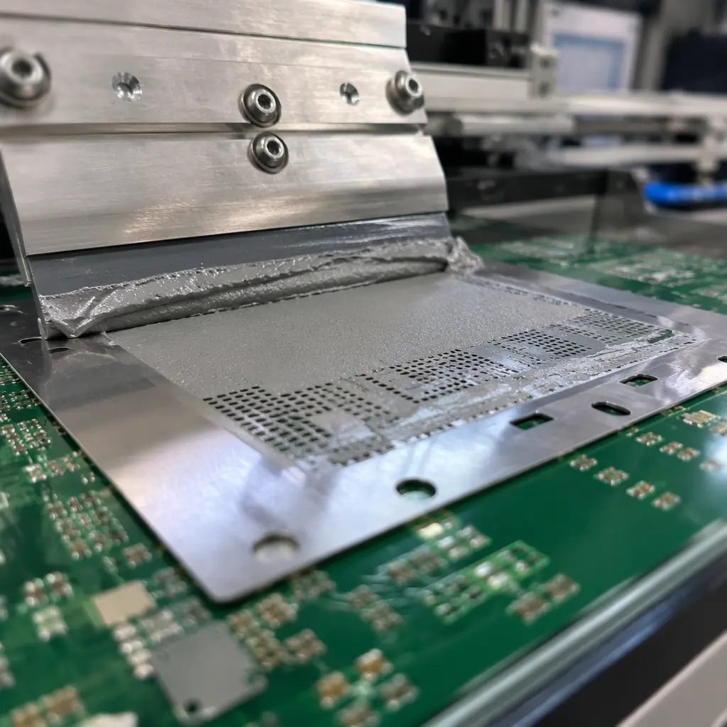 Solder paste stencil printing on PCB with metal squeegee and laser-cut stencil
