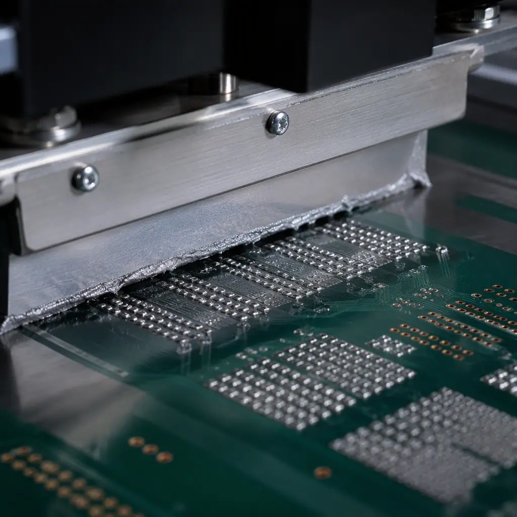 Macro shot of solder paste being printed through an SMT stencil showing a clean, fine-pitch print deposit