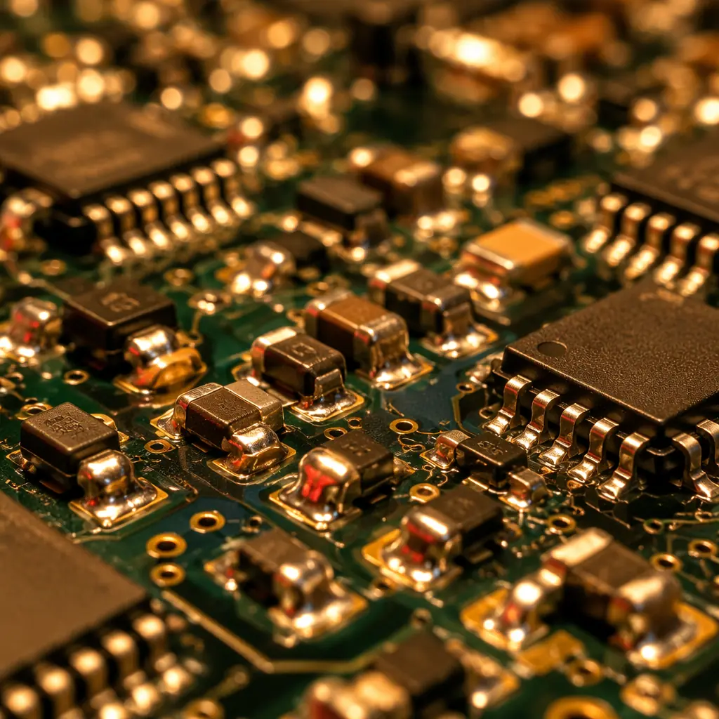 Close-up macro photograph of solder joints on a populated PCB fresh from reflow oven, showing the characteristic glossy surface of properly flowed SAC305 joints under warm industrial lighting