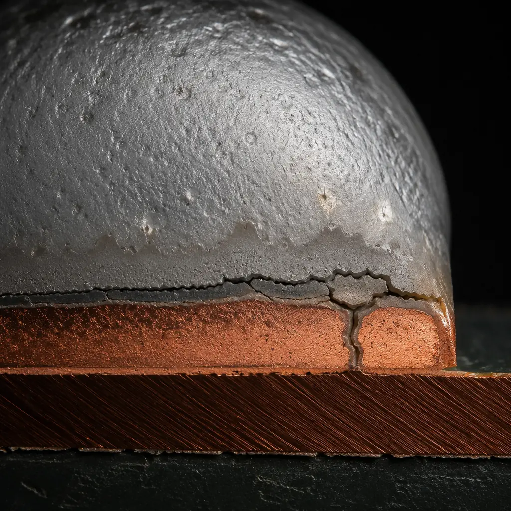 Photorealistic 3D cross-section render of a BGA solder joint showing distinct intermetallic compound layers between copper pad and solder bulk, with microscopic crack propagation highlighted along the IMC boundary