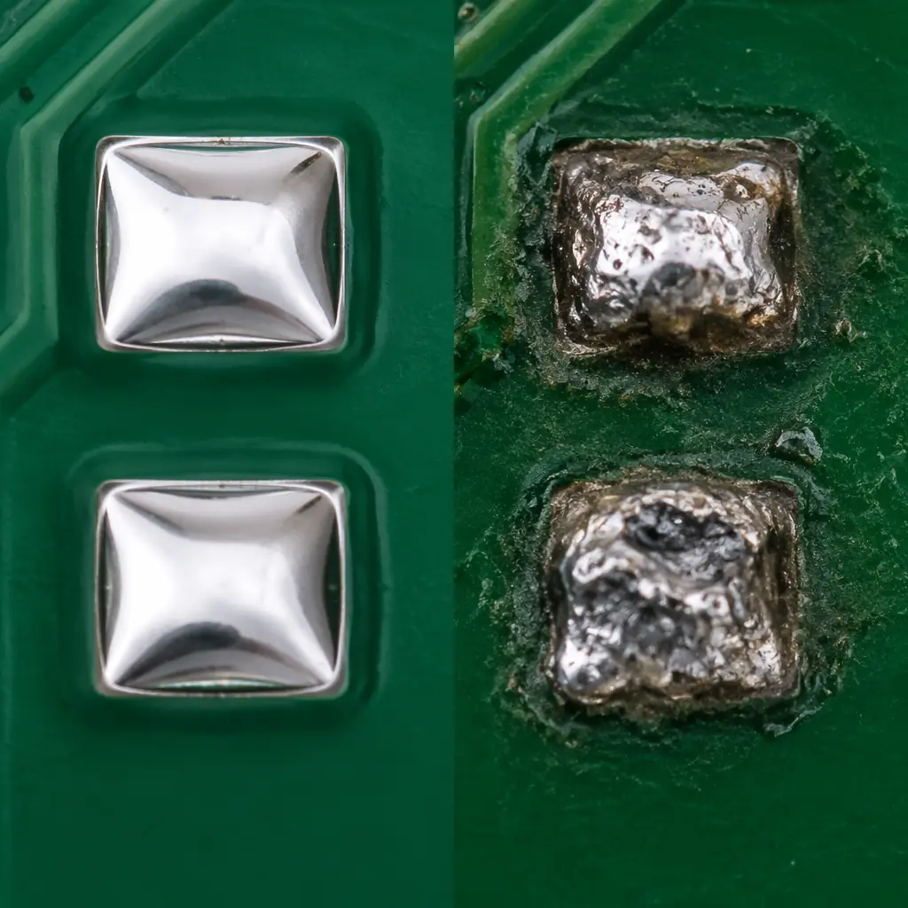 Side-by-side macro comparison of good solder wetting versus poor dewetting on PCB pads after solderability testing