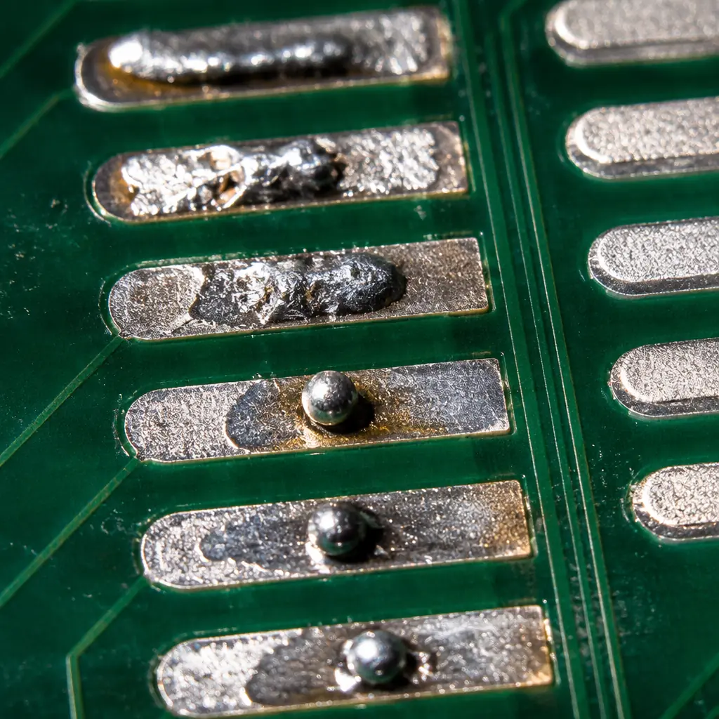 Macro photography of PCB pads showing poor wetting and dewetting solder defects under inspection microscope