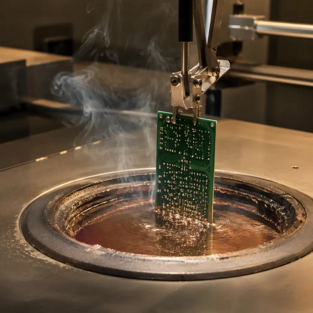 Industrial photography of a PCB component being dipped into molten solder pot for J-STD-002 solderability testing in quality control laboratory