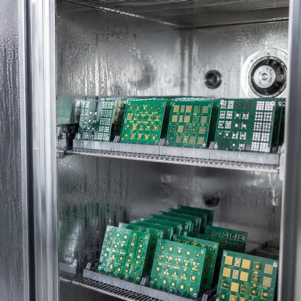 Environmental steam aging chamber with PCB test coupons for accelerated solderability degradation testing to J-STD-003 standard