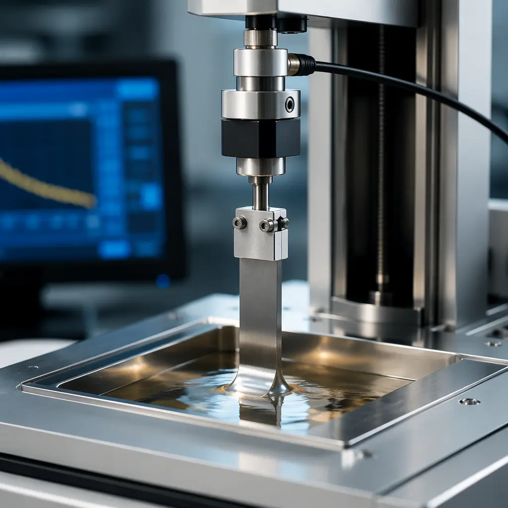 Professional wetting balance solderability test machine with force sensor measuring specimen immersion into solder bath