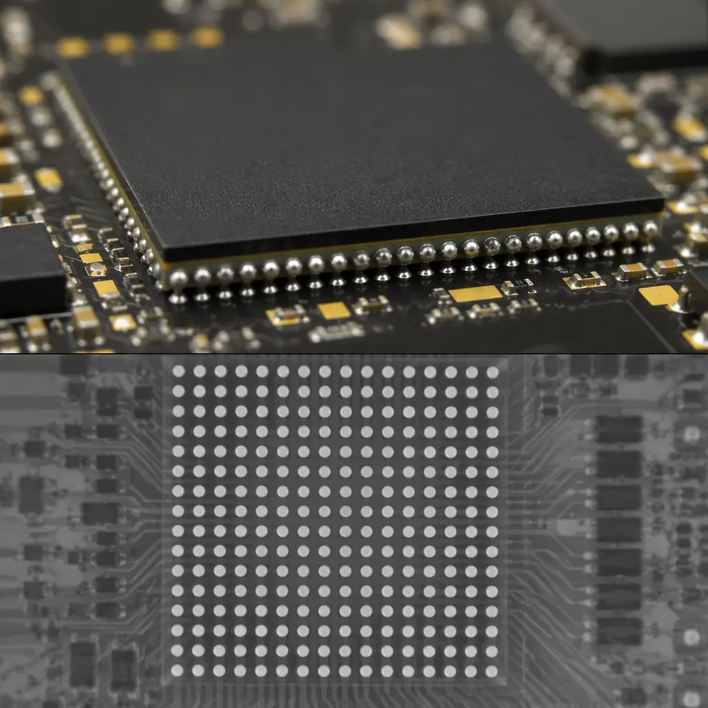 Automated optical inspection of an SSD PCB assembly line showing BGA placement and solder paste printing on a high-layer-count storage board