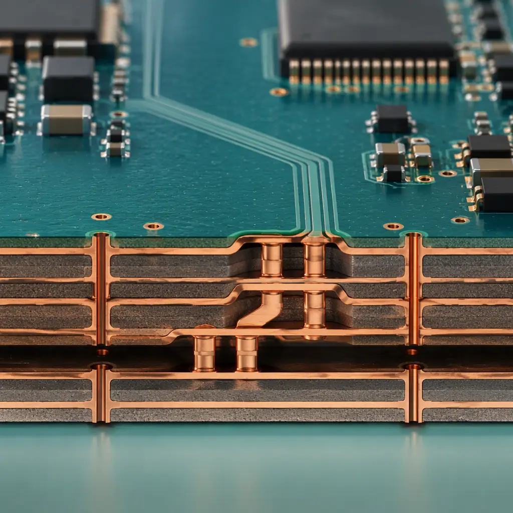 Close-up view of PCIe Gen5 differential pair routing on an NVMe SSD PCB showing precision trace geometry and ground-plane referencing