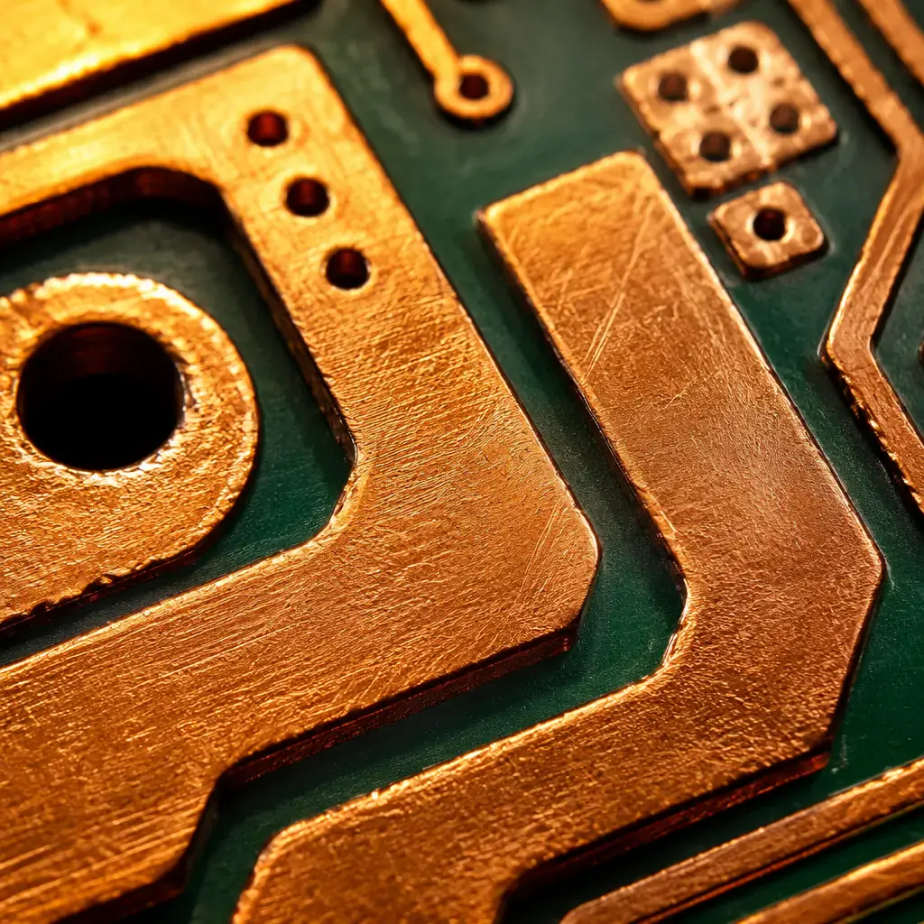 Macro photograph of a PCB power plane layer showing thick copper traces with visible grain and texture, photographed under angled industrial lighting to emphasize the copper thickness and surface roughness