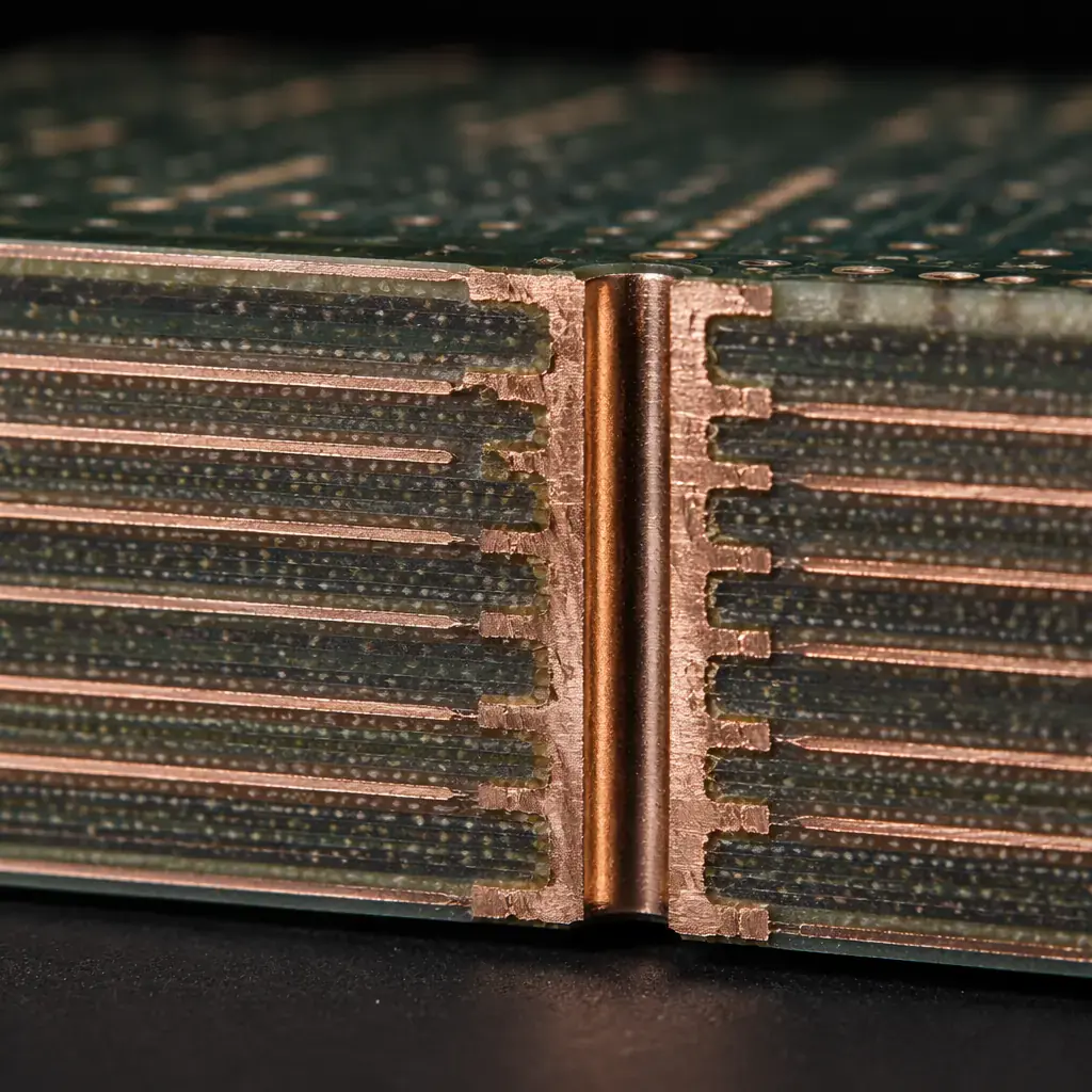 Extreme macro close-up of a multi-layer PCB cross-section, showing distinct copper layers separated by prepreg and core dielectric materials with visible weave pattern and plated through-hole barrels under studio lighting