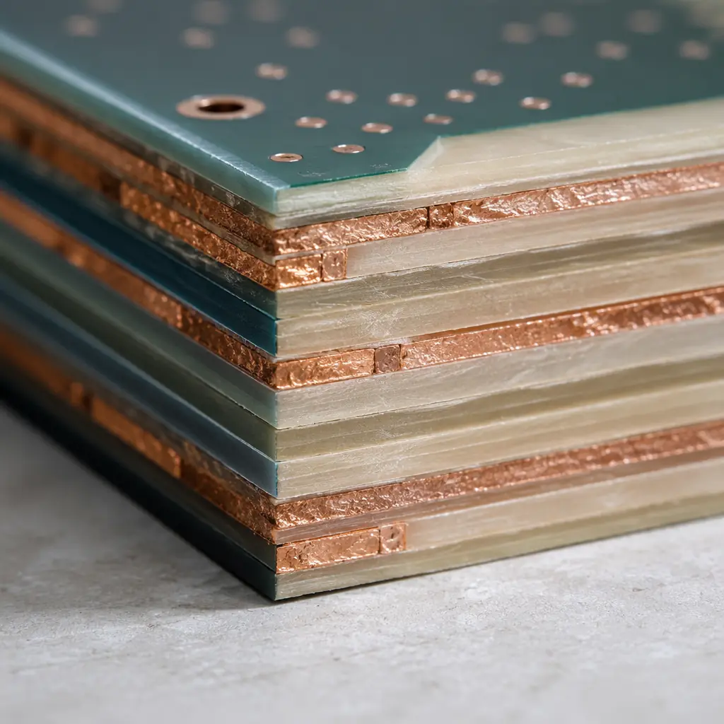 Photorealistic 3D cross-section render of a hybrid PCB stackup showing distinct material layers — dark FR-4 core, lighter Rogers high-frequency laminate on outer layers, and copper planes with visible grain structure — sliced cleanly to expose the internal construction