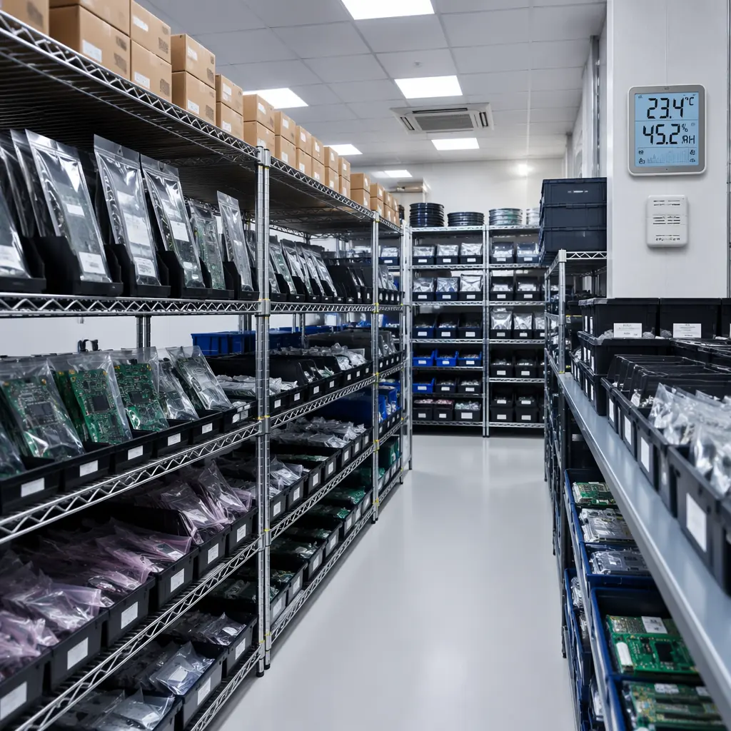 Humidity-controlled PCB storage cabinet with vacuum-sealed moisture barrier bags and inventory management labels