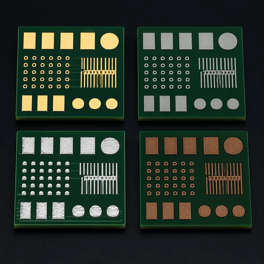 OSP-coated PCB pads under inspection lighting showing the characteristic copper color through transparent organic coating