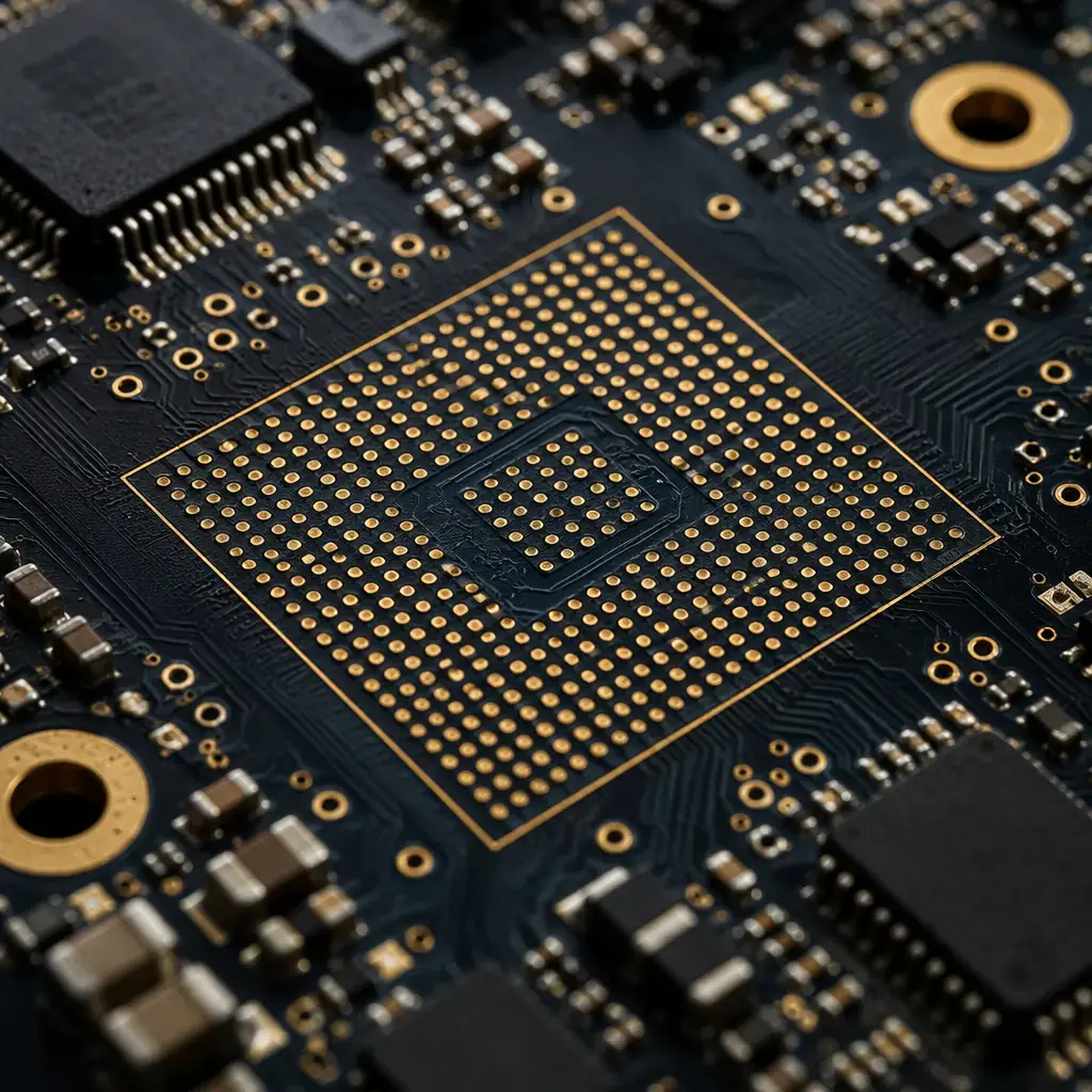Close-up macro photograph of a surveillance camera mainboard showing impedance-controlled differential pair routing, BGA image processor footprint, and gold-plated connector pads with ENIG surface finish