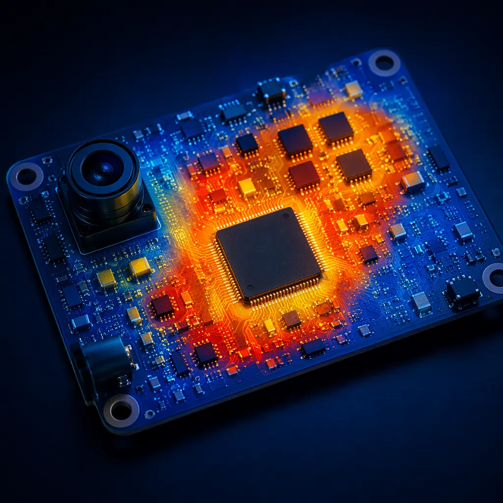 Thermal infrared-style render of a surveillance PCB with heat concentration visible around the image processor and IR LED driver sections, showing hot spots on the BGA and power stage areas