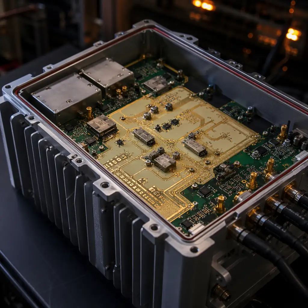 5G base station remote radio unit with exposed PCB assembly showing Rogers substrate RF front-end and aluminum enclosure thermal management