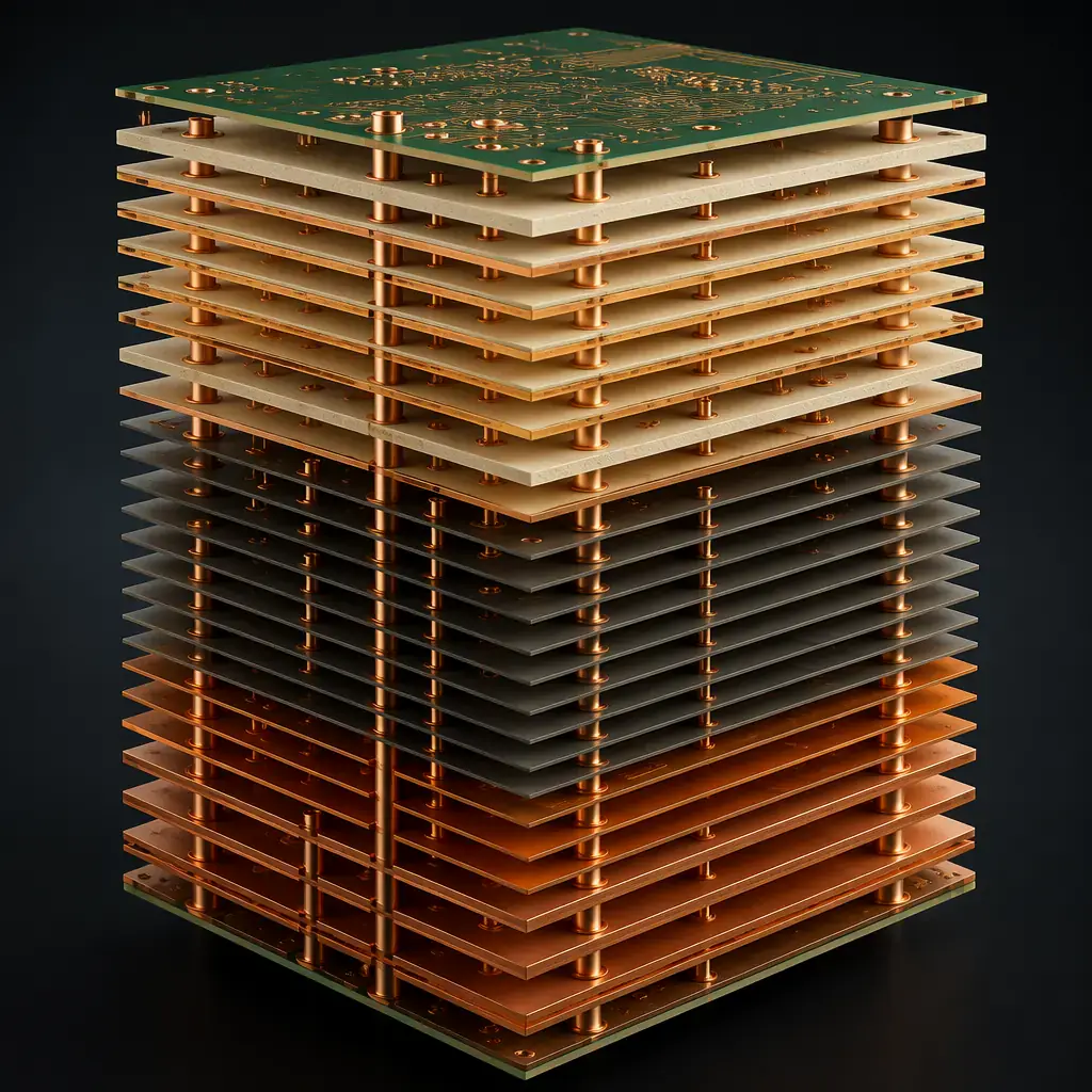 Photorealistic 3D cross-section render of a 26-layer telecom PCB stackup showing Rogers RF layers, high-speed digital routing, and heavy copper power distribution planes