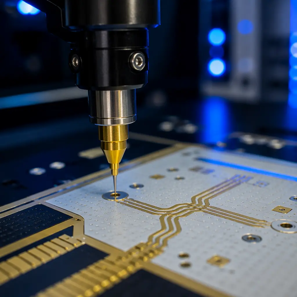 Time-Domain Reflectometer test probe contacting impedance-controlled differential pair on 5G base station PCB in production test fixture