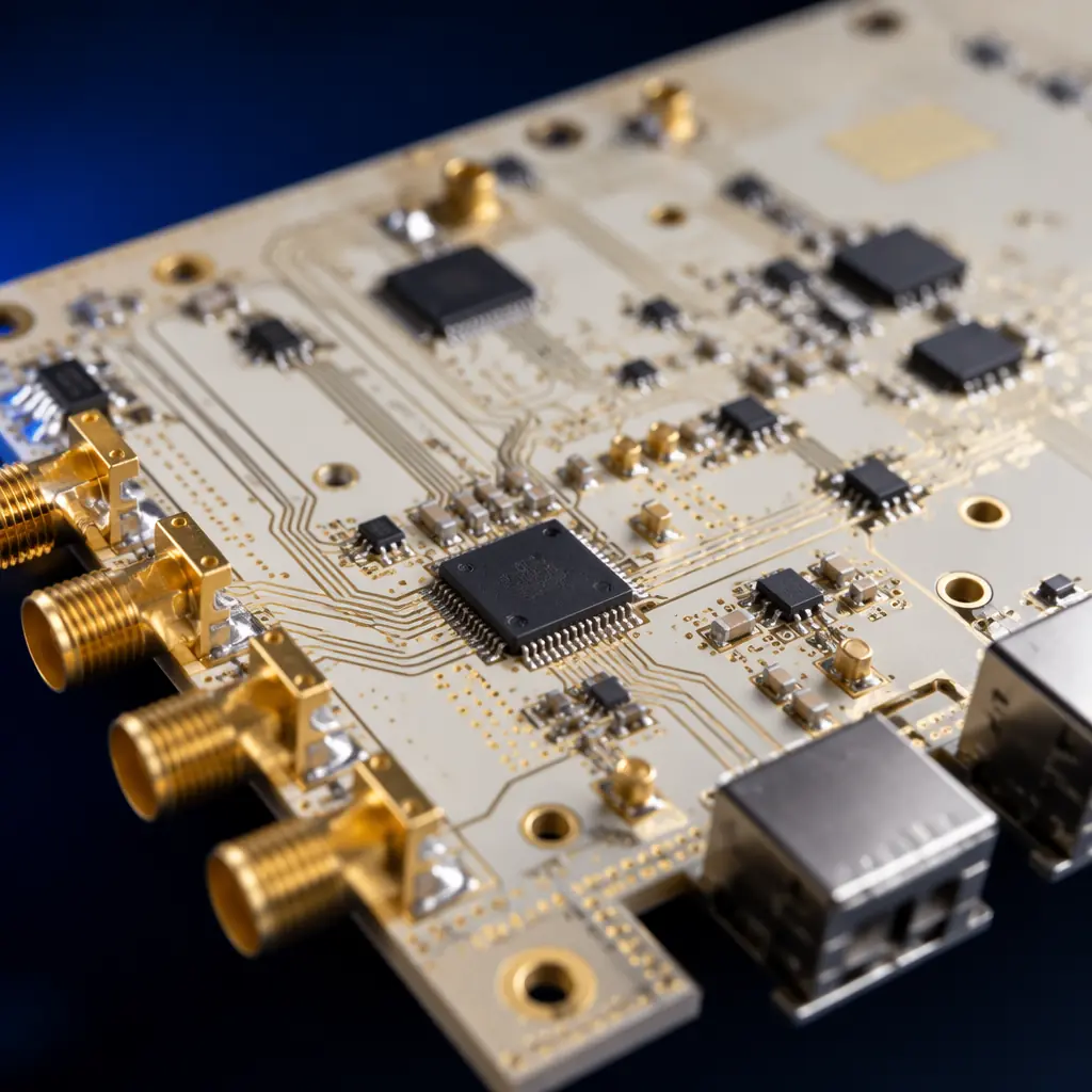 High-frequency telecom PCB with Rogers substrate and impedance-controlled differential pairs for 5G base station RF front-end