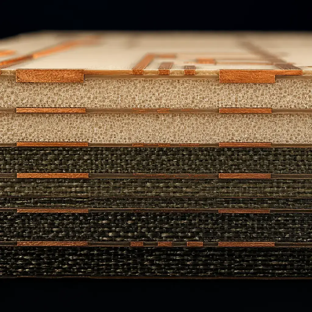 Cross-section macro photograph of Rogers RO4350B substrate showing uniform ceramic-filled hydrocarbon microstructure for stable Dk at RF frequencies