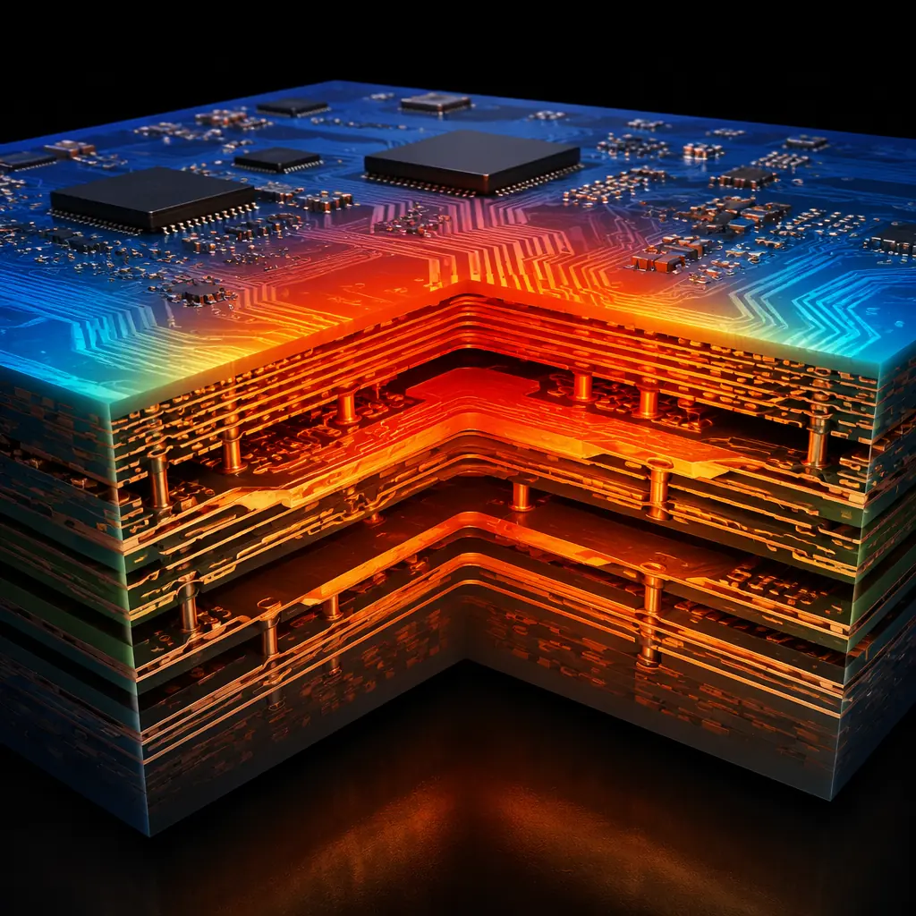 Photorealistic 3D cross-section render of a multi-layer PCB showing copper traces of varying widths on different layers, with thermal color gradient illustrating heat concentration around narrower traces and heat spreading into adjacent ground planes