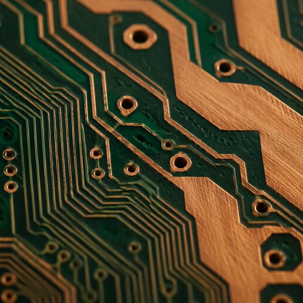 Macro photograph of a PCB surface showing parallel copper traces of varying widths, with the characteristic green solder mask and copper color visible, under bright studio lighting revealing grain structure