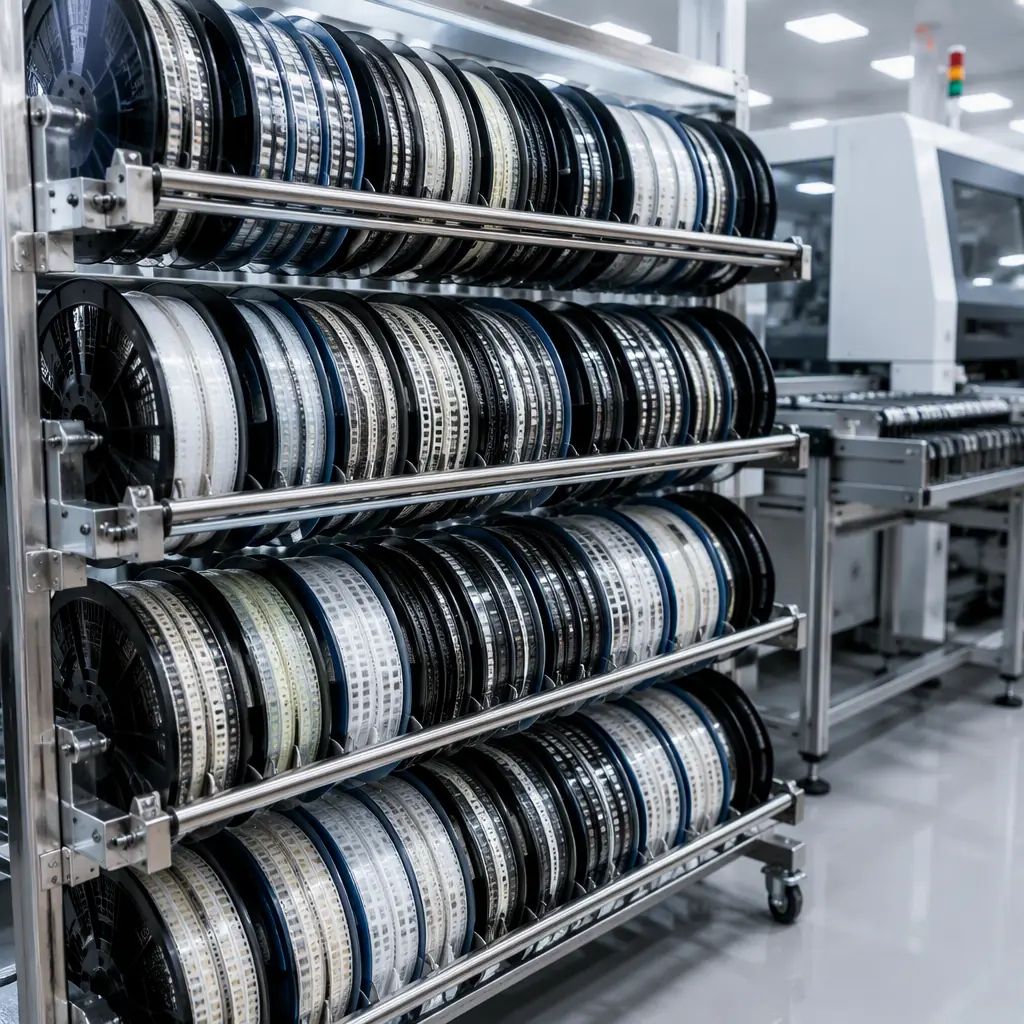 Reels of surface-mount resistors and capacitors on a warehouse rack at an electronics component supplier, organized by part number