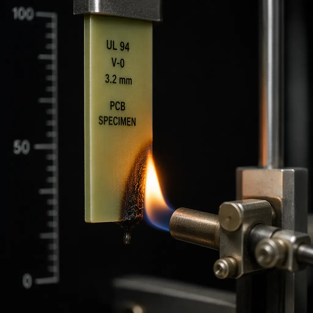 UL 94 vertical burn test in progress — close-up photograph of a PCB test specimen clamped vertically with a calibrated blue flame applied to the bottom edge, in a scientific laboratory setting with fume hood, showing the specimen self-extinguishing