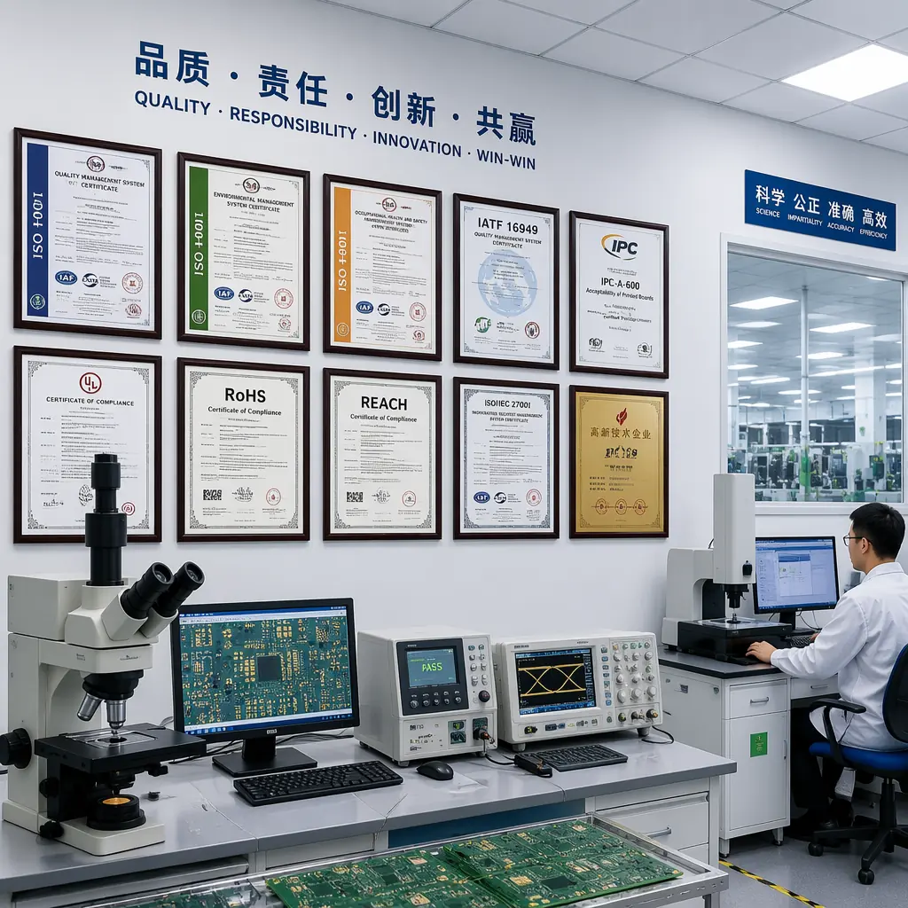 Modern PCB factory quality control laboratory interior — clean organized workstations with test equipment, UL and ISO certification certificates displayed prominently on a clean white wall, professional LED lighting showing a well-organized facility