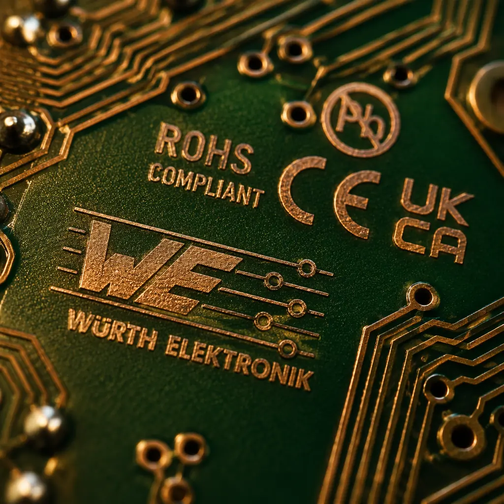 Close-up macro photograph of a PCB surface showing etched UL recognized component mark alongside manufacturer logo and copper trace detail, warm directional lighting highlighting the certification marking