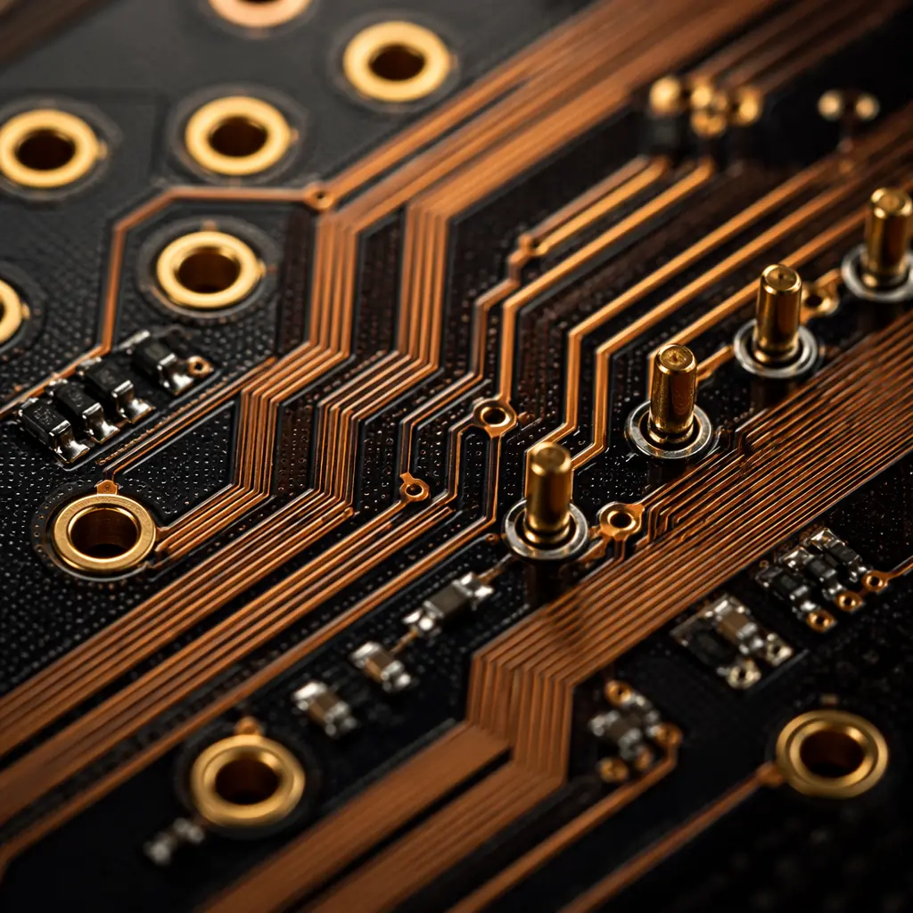 Macro photograph of precision differential pair PCB traces on a dark substrate with gold-plated test points