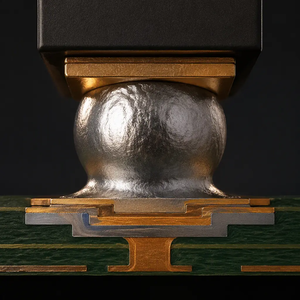 Photorealistic 3D cross-section render of a BGA solder ball seated in a PCB pad showing distinct metal layers and a clean robust solder joint