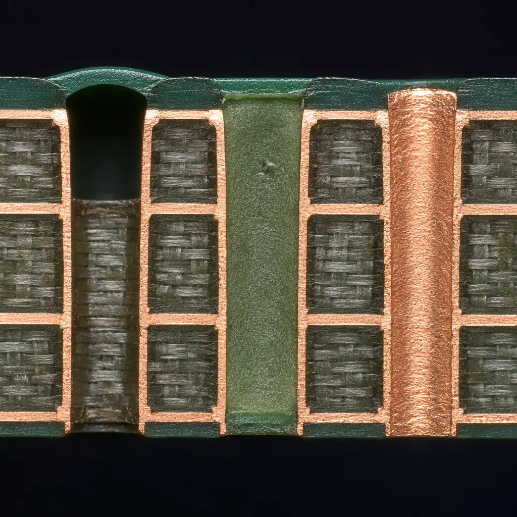 Microscope cross-section of non-conductive epoxy filled via with uniform copper cap, showing zero voiding at the fill-to-cap interface
