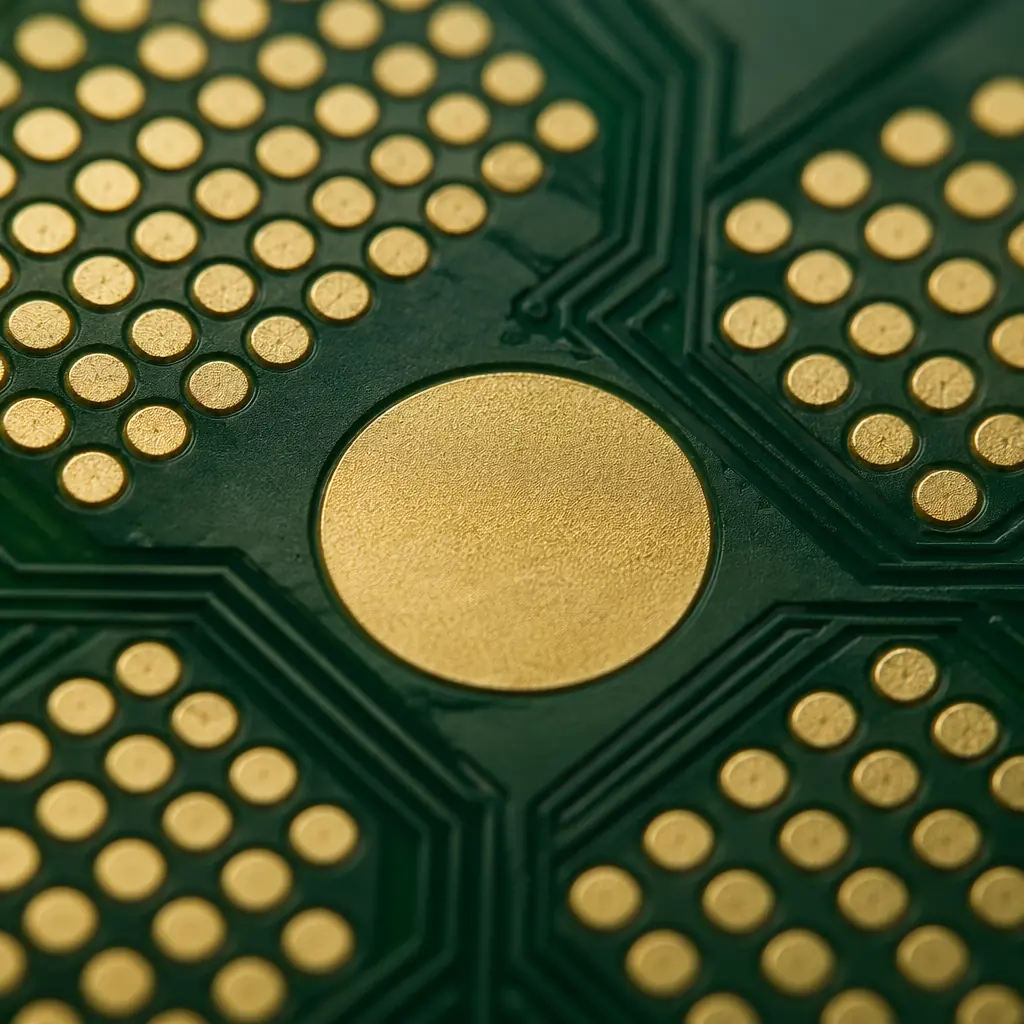 Cross-section macro photograph showing epoxy-filled and copper-capped via-in-pad with perfectly planar surface