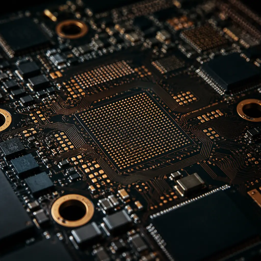 Any-layer HDI PCB for a VR headset mainboard showing laser microvias and fine-pitch BGA pads