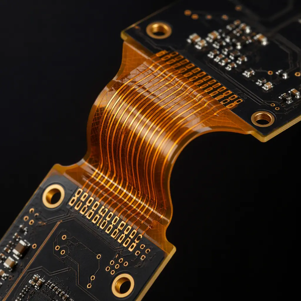 Rigid-flex PCB for an AR headset temple hinge showing polyimide coverlay and stepped rigid sections