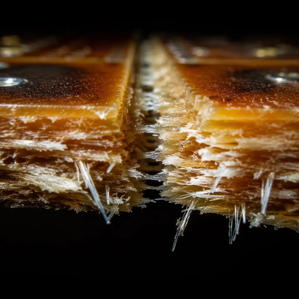 Macro photograph of a V-scored PCB edge after separation, showing the characteristic rough fiberglass break surface with visible glass fiber strands along the fracture line